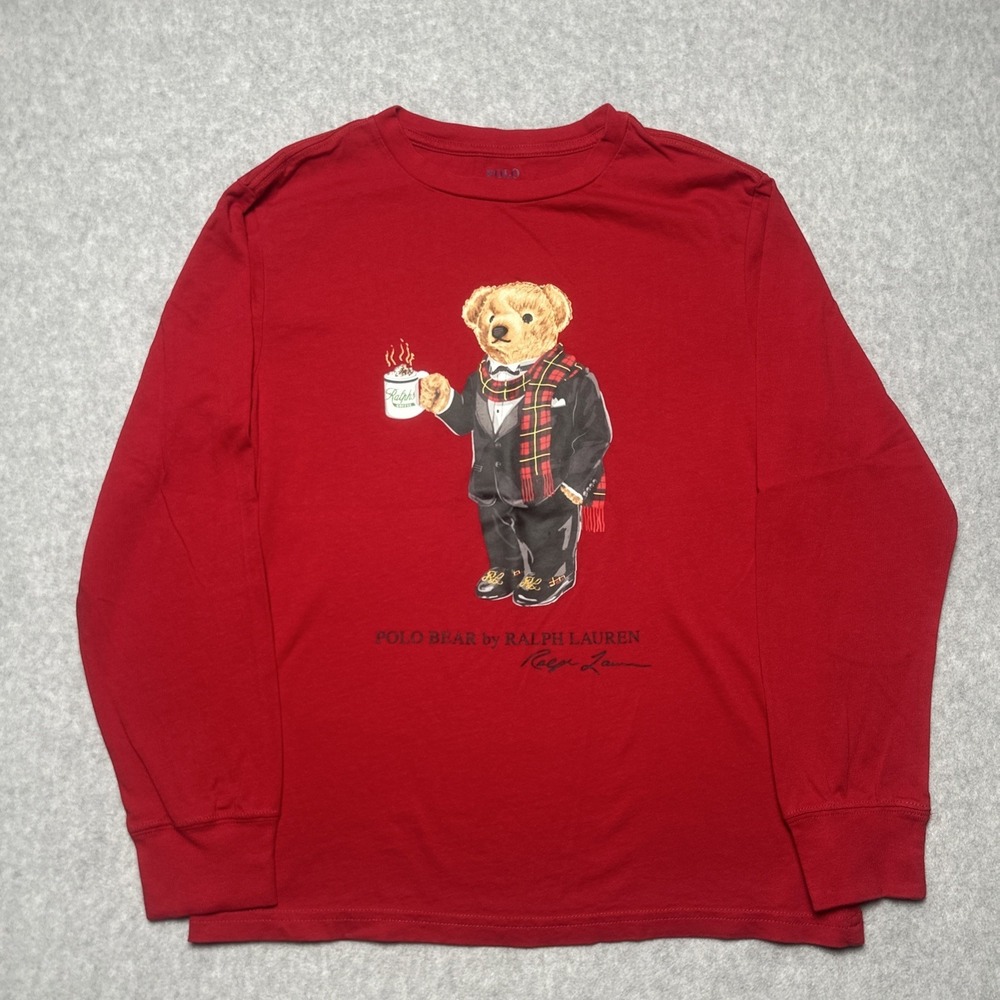 Polo Ralph Lauren Big Boys Polo Bear Coffee Long Sleeve T-shirt Red Large 14/16